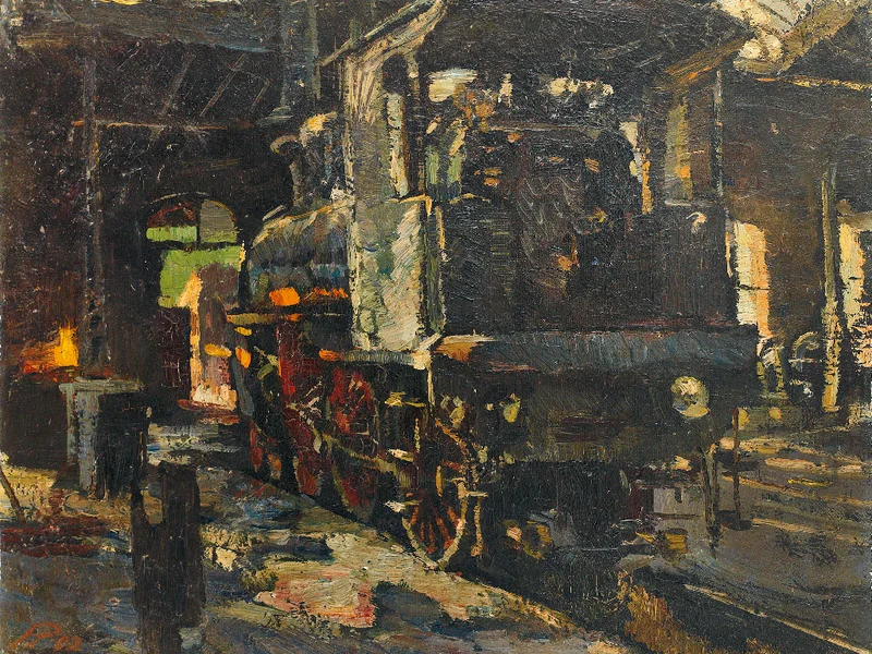 1863-Hermann Pleuer - Locomotiva a vapore in una stazione ferroviaria, 1902